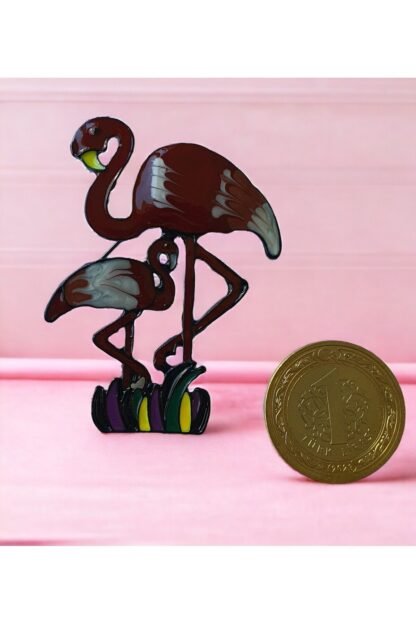 Bebekli Flamingo Figürlü Şirin Yaka İğnesi Broş (Metal) - Görsel 2