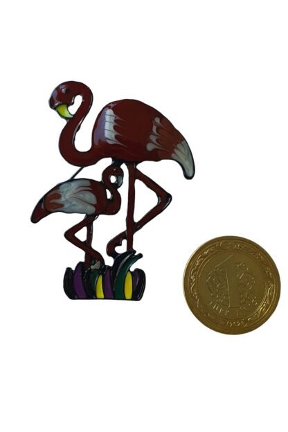 Bebekli Flamingo Figürlü Şirin Yaka İğnesi Broş (Metal) - Görsel 5