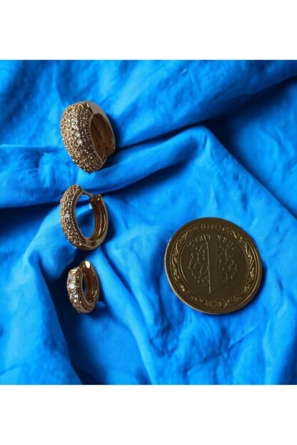 Çelik Zirkon Taşlı Halka Vintage 3'lü Küpe Altın Renk - Görsel 3